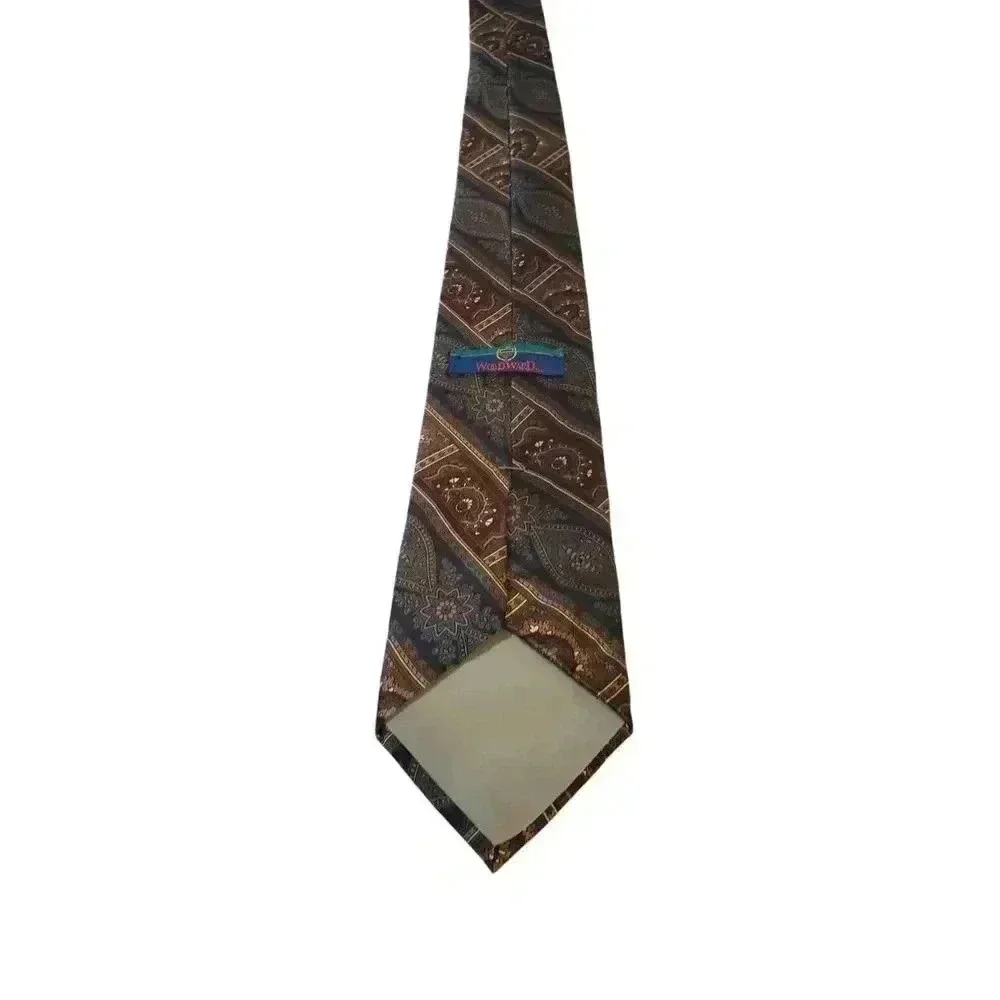 Woodward Mens Tie Silk Blue Burgundy Tan‎ Paisley Stripe Necktie Beautiful Power